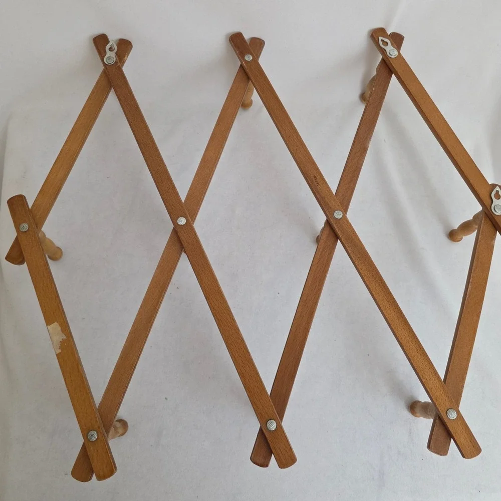 VTG Japan Wood Accordion Expandable Wall Rack 10 Peg Hat Mug Hanger Boho Cottage